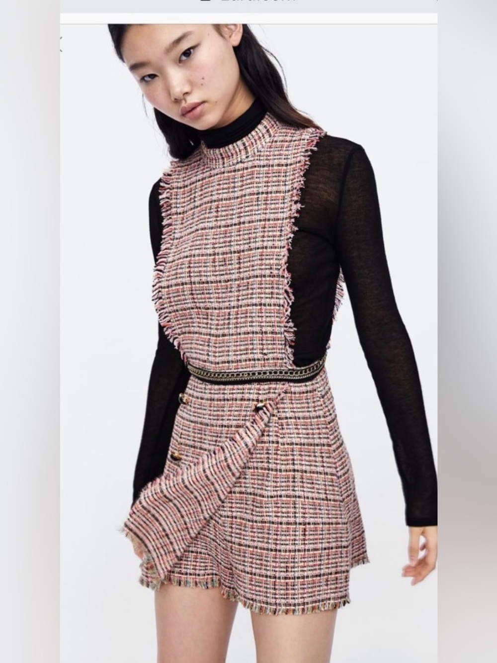 Zara Pink Tweed Mini Dress with Chain-Trim Waist